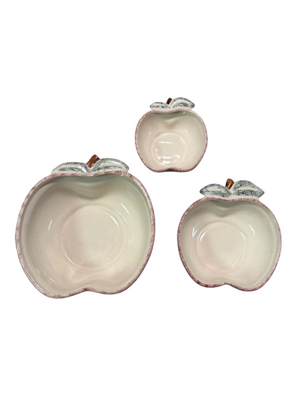 3 Apple Shaped Pottery Nesting Serving Bowls Green Red Sponge Vintage